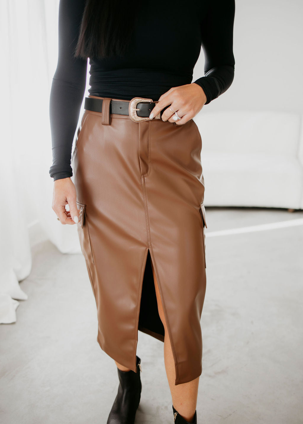 Colbie Faux Leather Cargo Midi Skirt