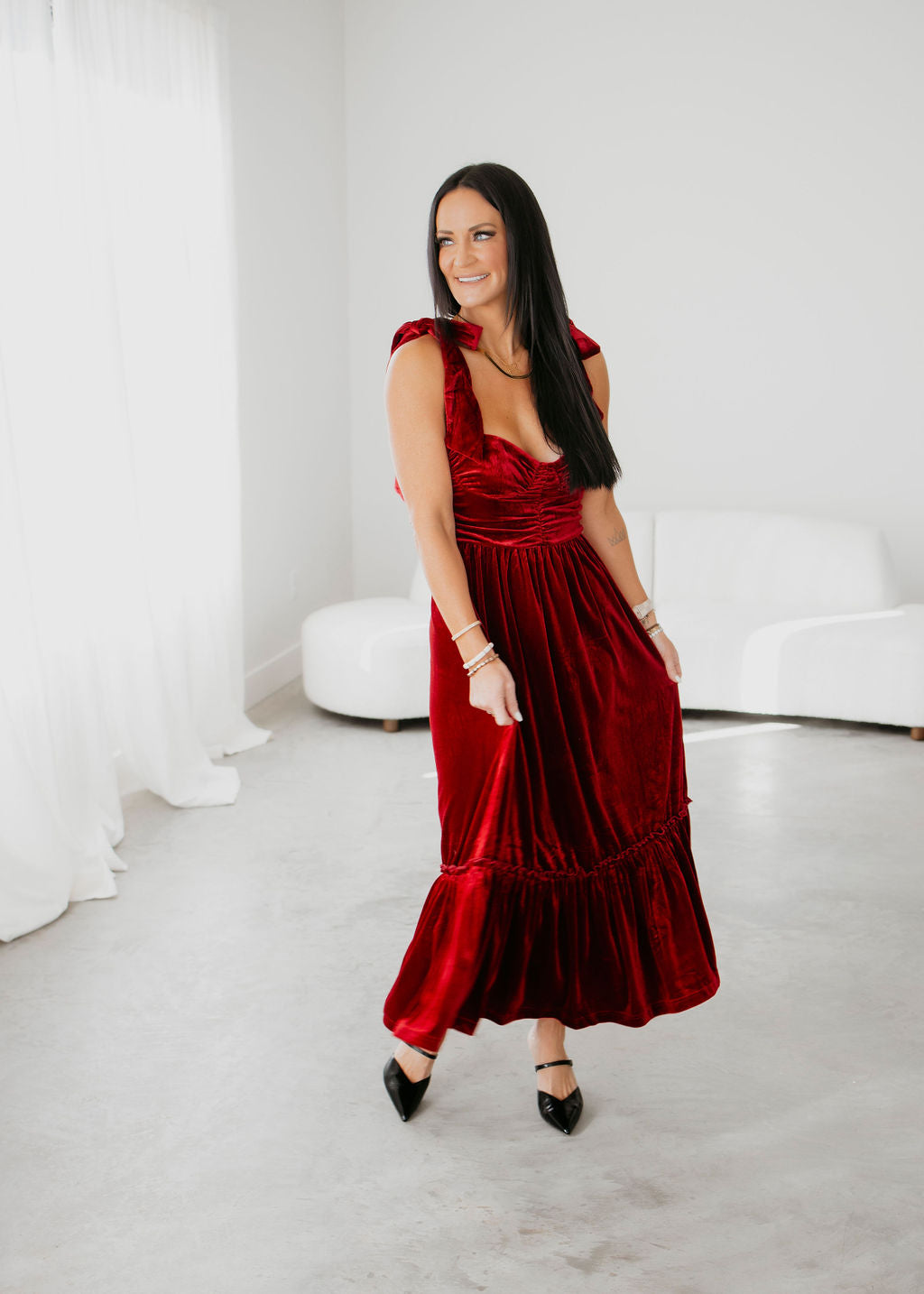 antoinette tie strap velvet midi dress Evyn Ribbon Strap Velvet Dress
