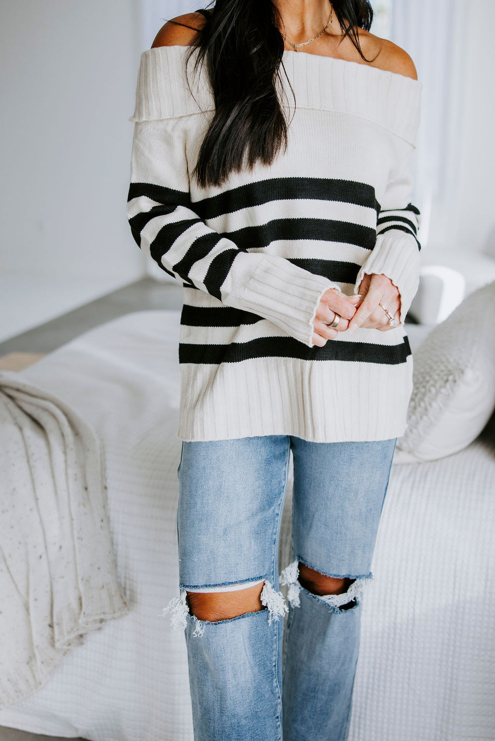 Oakleigh Off-Shoulder Striped Sweater