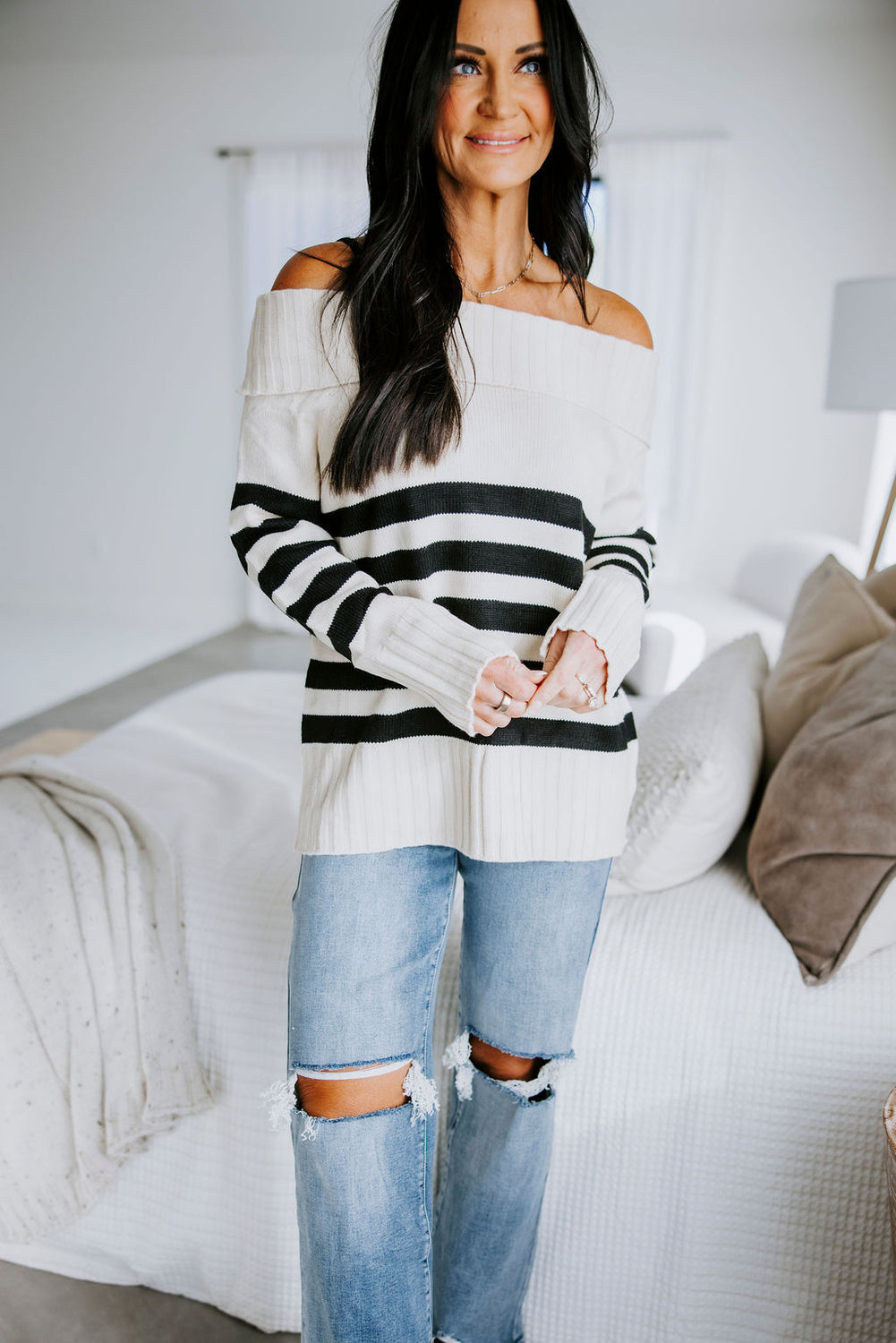 Oakleigh Off-Shoulder Striped Sweater