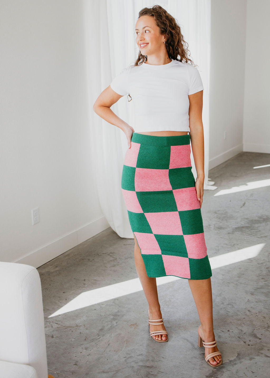 Nya Checkered Knit Midi Skirt