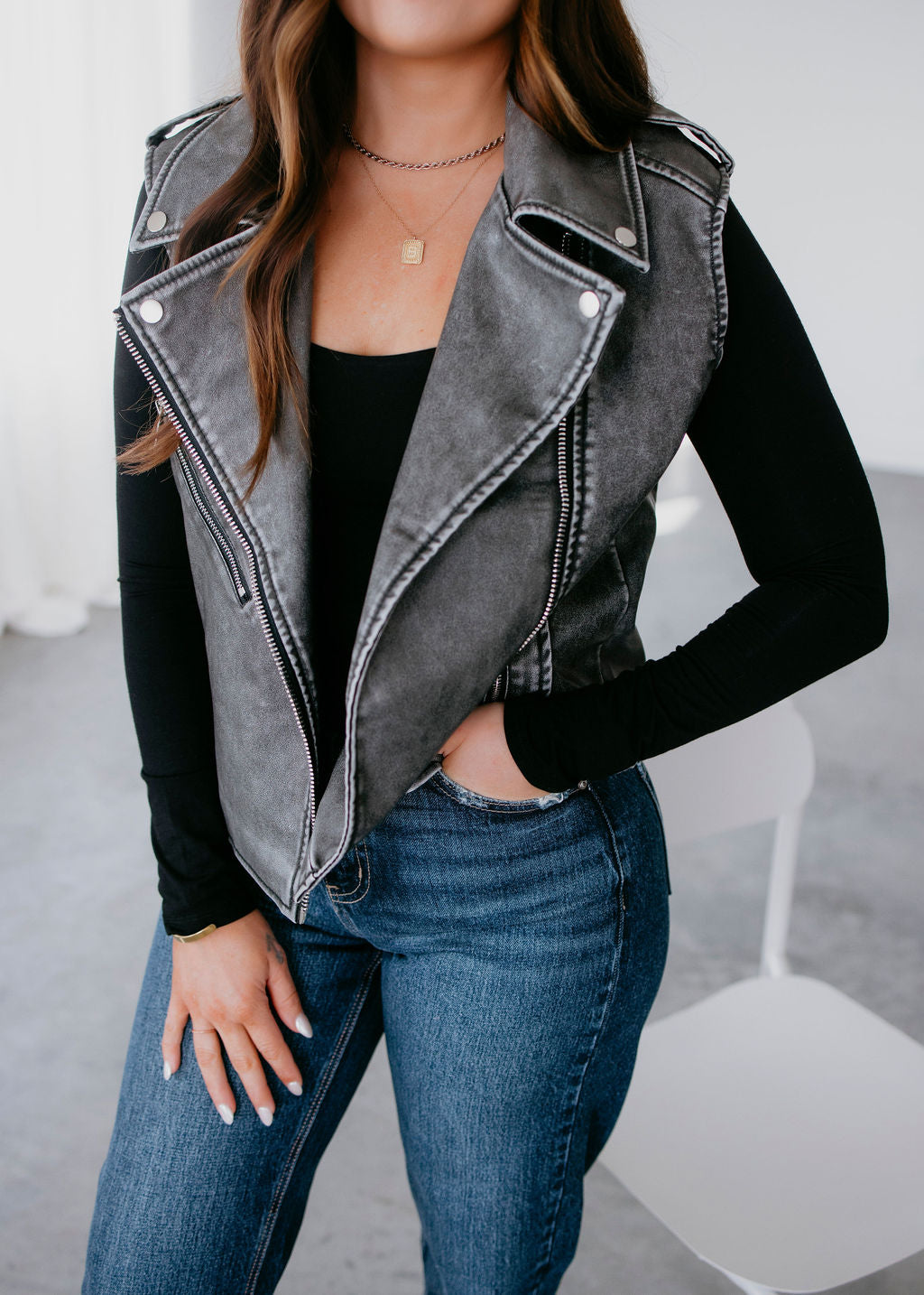 Roxi Faux Leather Moto Vest