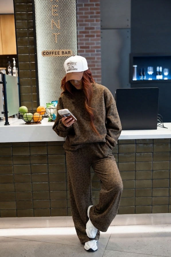 Leopard Throw on Wide Leg Sweatpants by Chelsea DeBoer