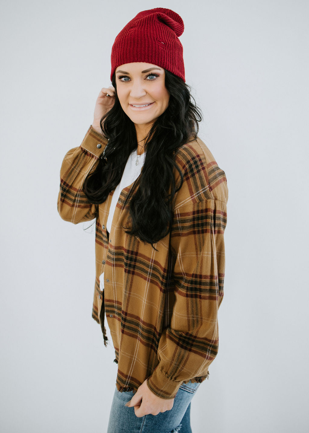 image of Evyn Frayed Button Down Plaid