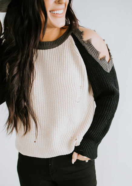 Elora Distressed Cutout Shoulder Sweater