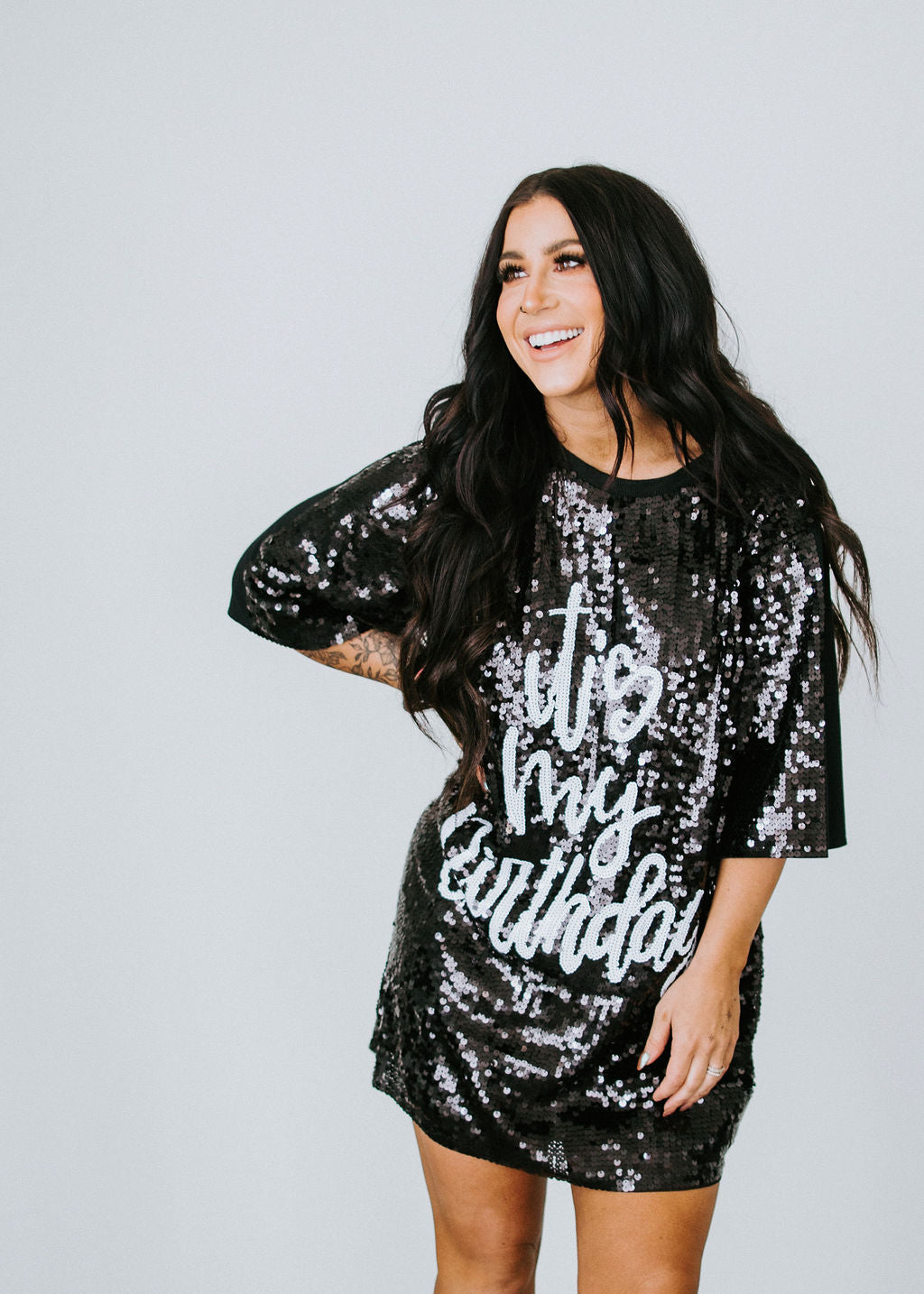 Victory Lane Boutique “It’s My Birthday” Stretch Sequin Shirt Dress Final Sale Rose Gold/Black - One Size Plus Size Fits Most 1x-3x