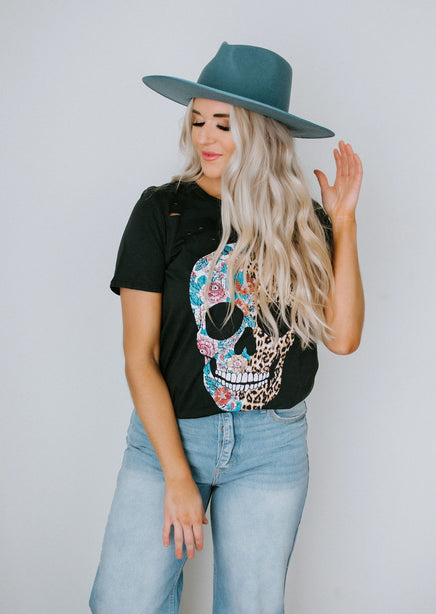 Leopard Floral Skull Graphic Tee