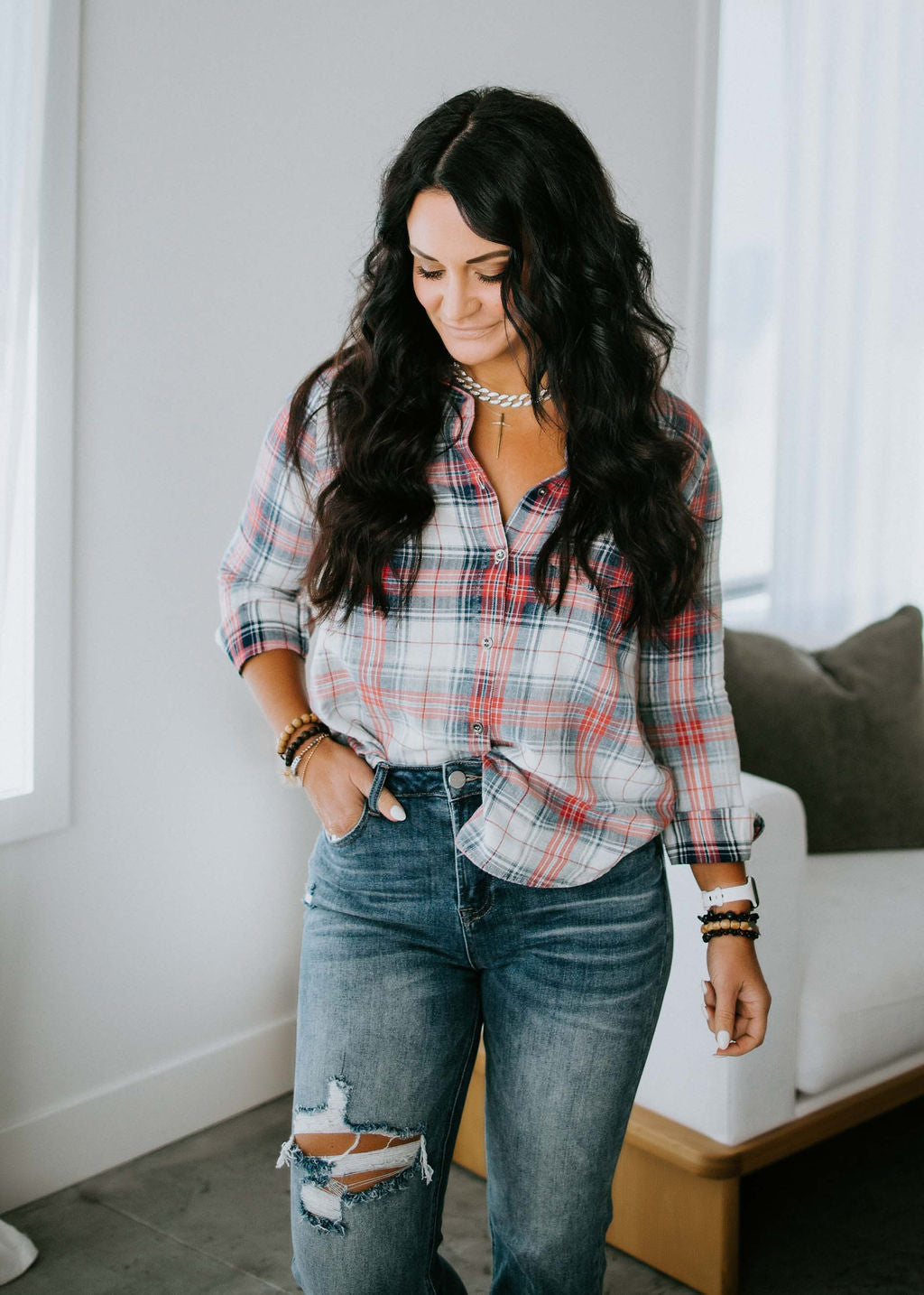 Washed Out Plaid Top