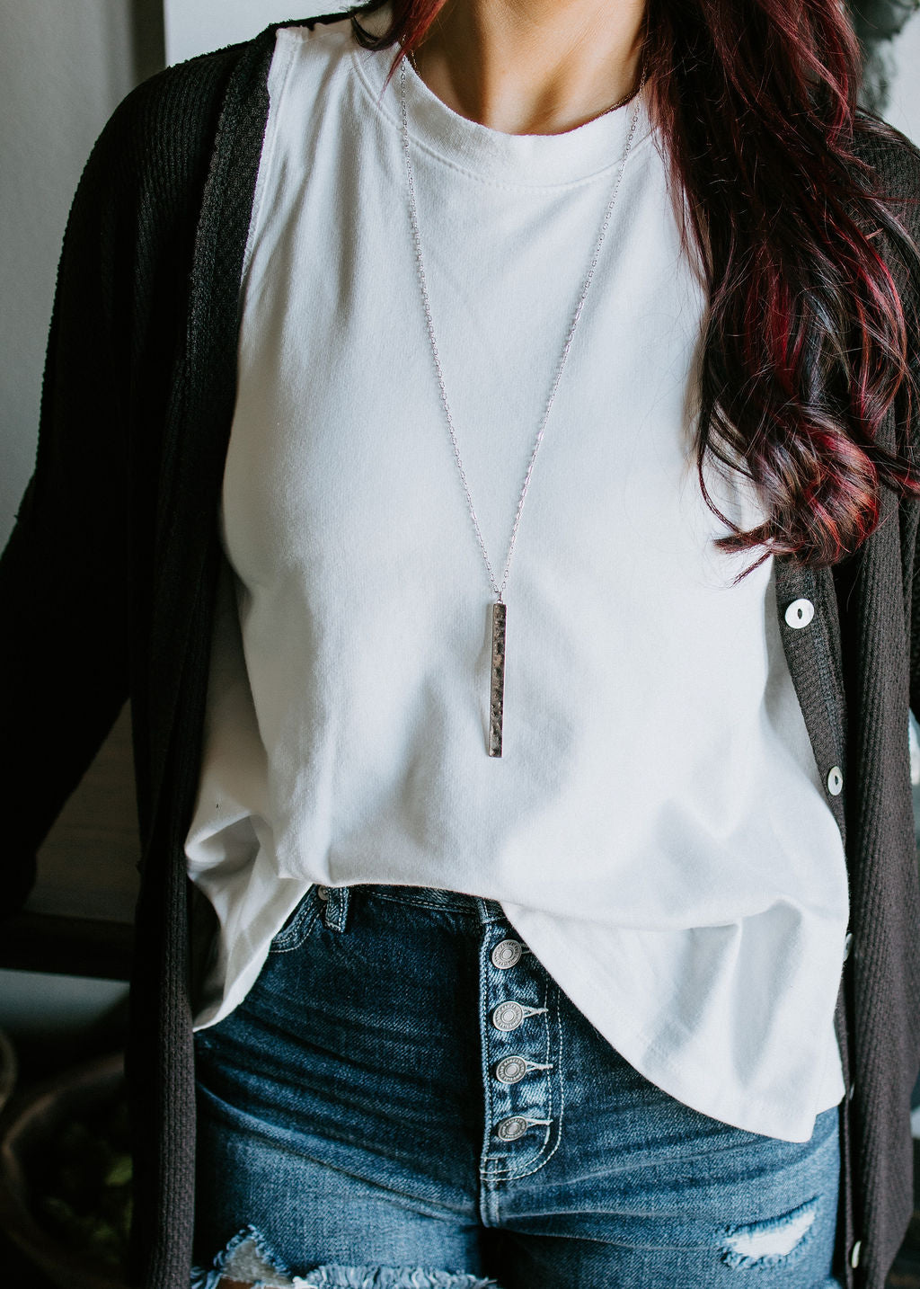 Hammered Metal Bar Pendant Necklace