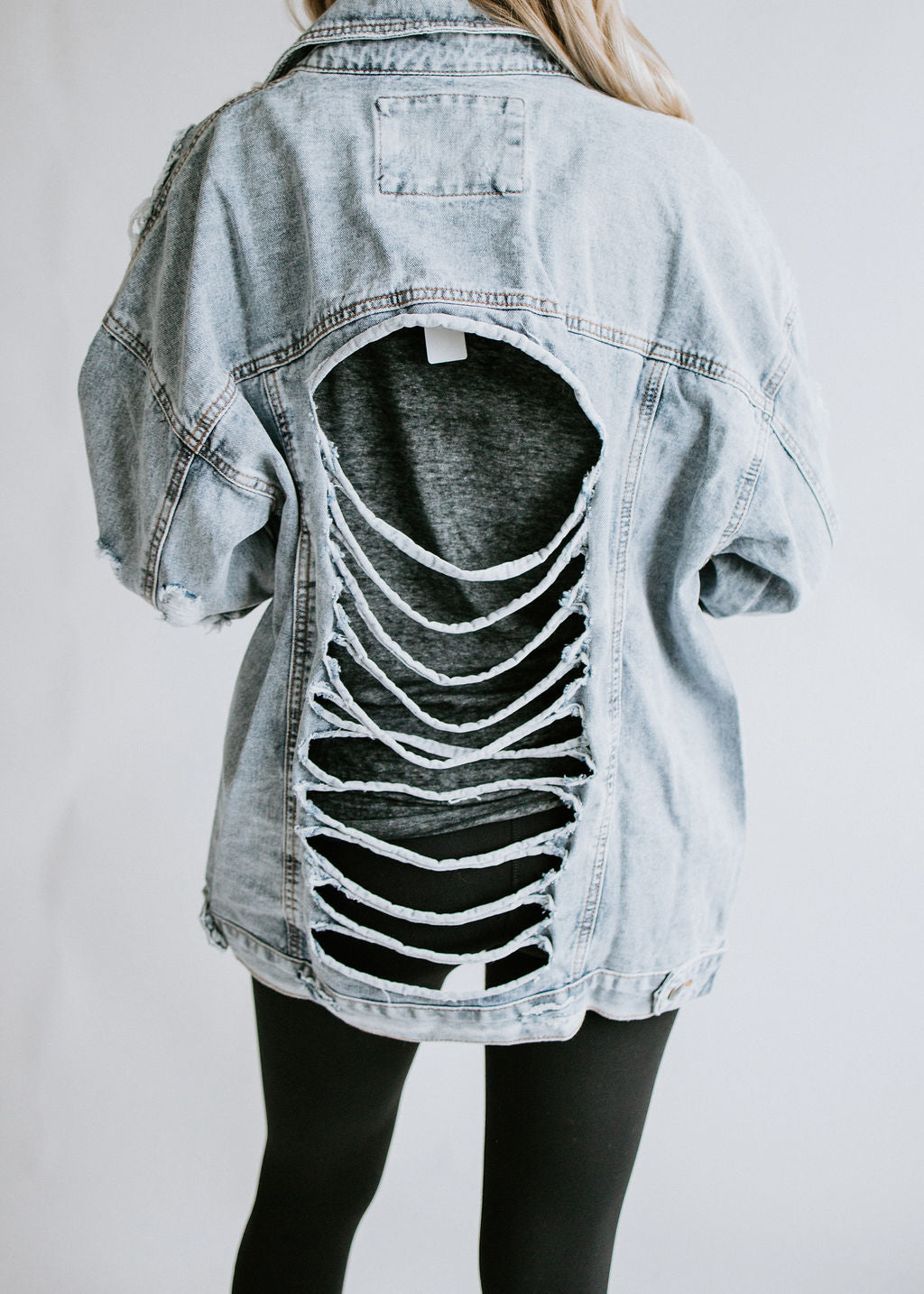 Oversized Distressed Denim Jacket - Black or Light Blue