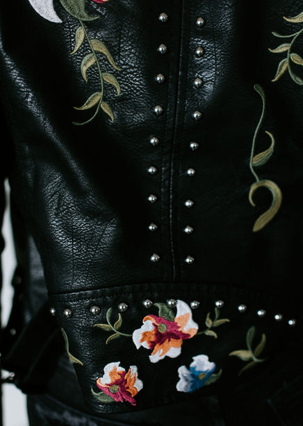 Embellished Studded Floral Embroidered Leather Jacket