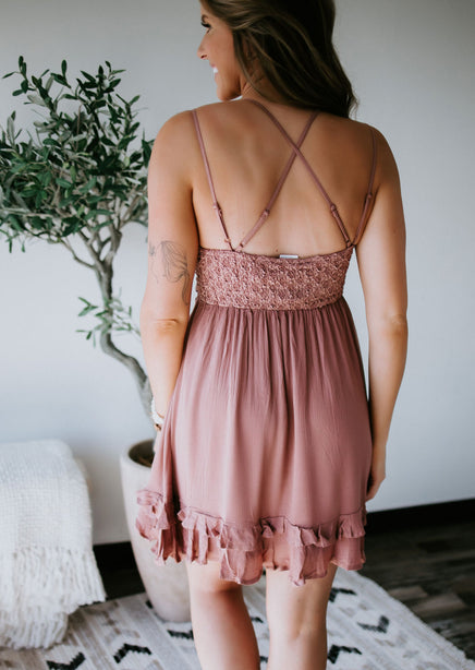 crochet lace ruffle dress Beige dress with crochet lace ruffle and V-neck